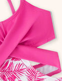 Simple Leaf Print Suspender Swimsuit