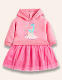 Twice Cute Dinosaur Printed Tulle Skirt Fleece Hooded Sweatshirt