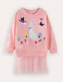 Rabbit Bird Embroidery Long Sleeve Sweater Dress