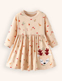 Christmas Little Deer Applique Long Sleeve Dress