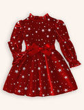 Christmas Velvet Star Printed Bow Dress