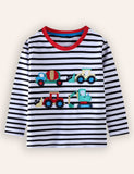 Construction Car Applique Striped Long Sleeve T-Shirt