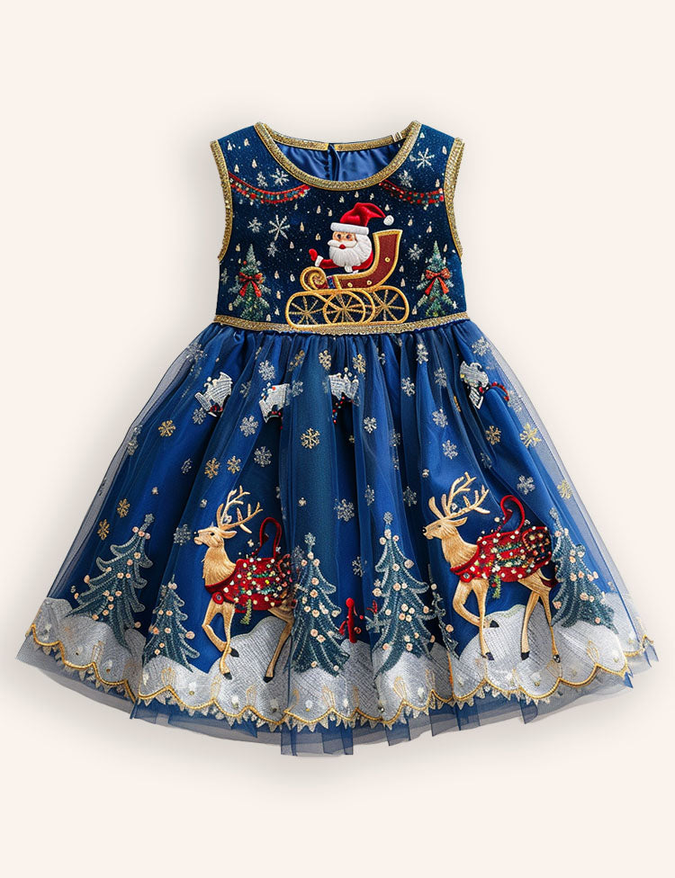 Tulle Christmas Senta & Reindeer Appliqué Dress