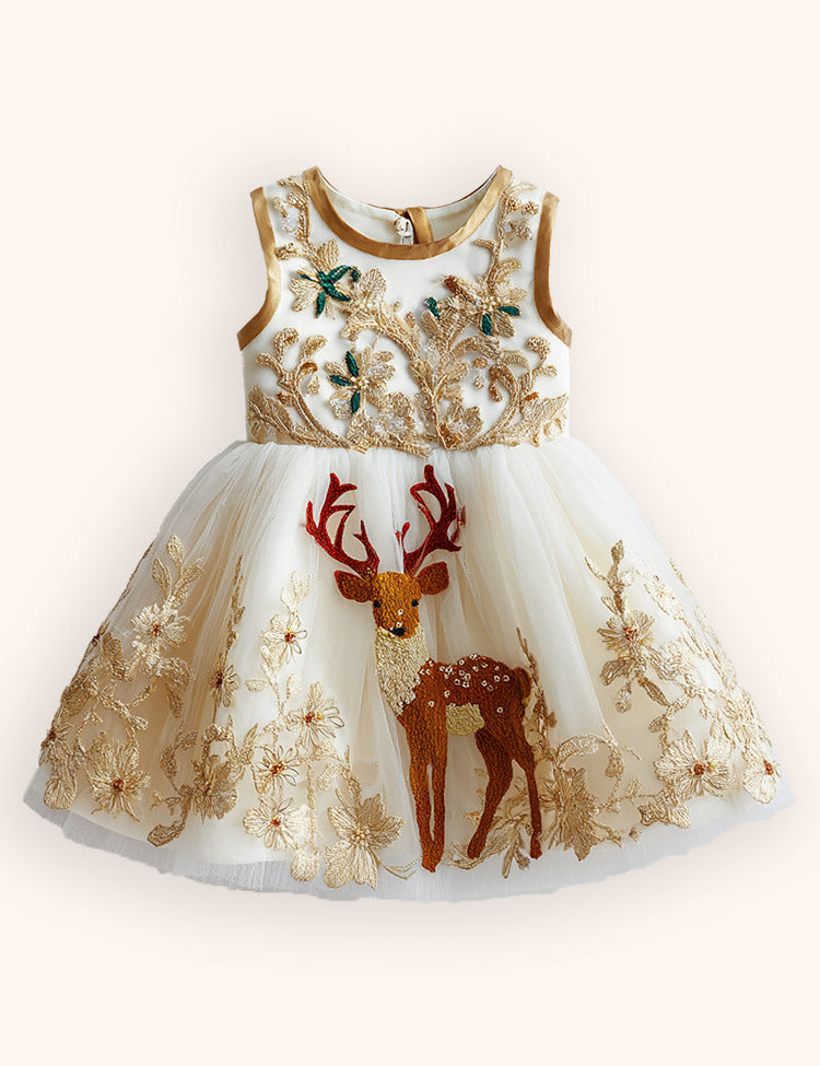 Tulle Floral Reindeer Embroidered Dress