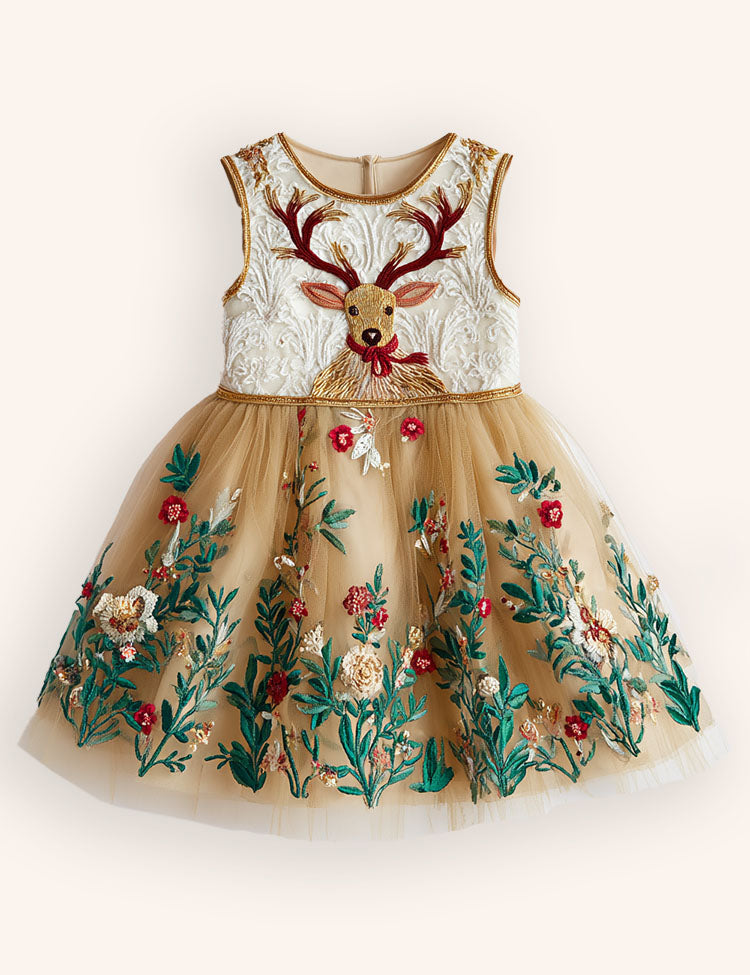 Tulle Floral Reindeer Embroidered Dress