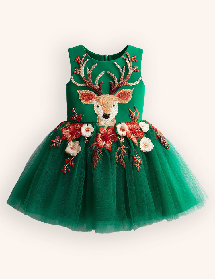 Tulle Floral Reindeer Embroidered Dress