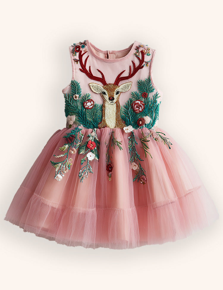 Tulle Floral Reindeer Embroidered Dress