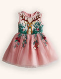 Tulle Floral Reindeer Embroidered Dress