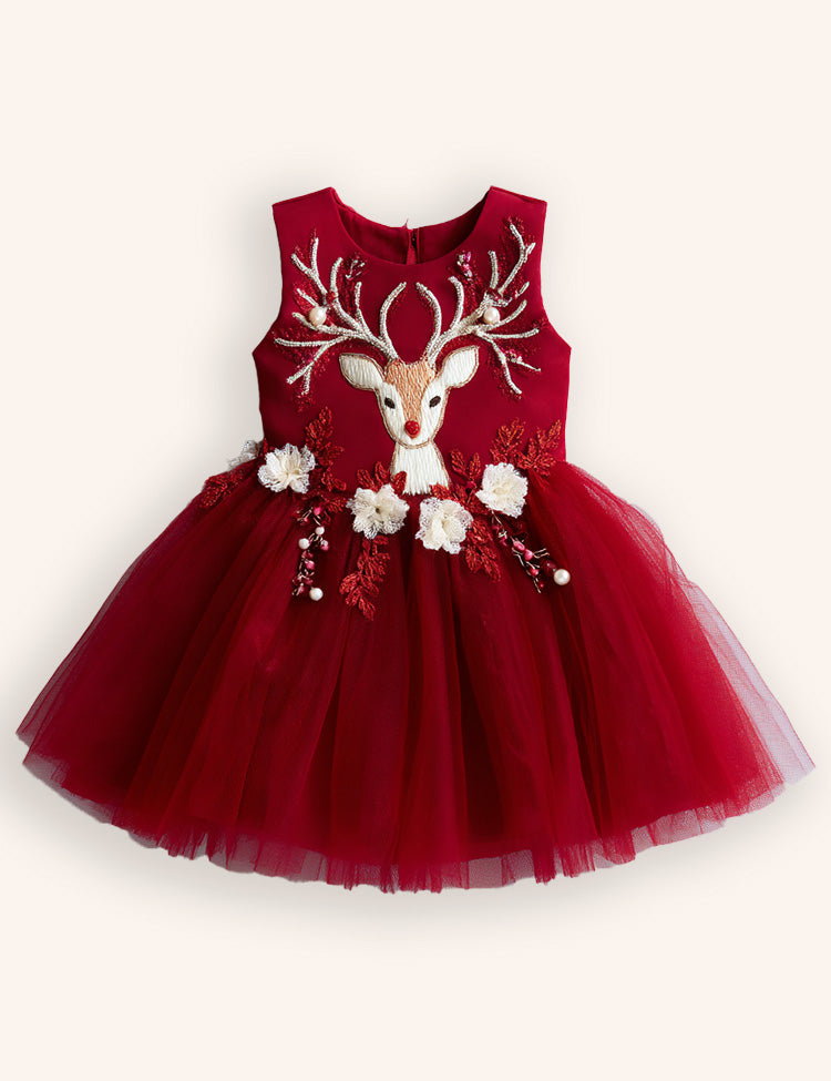 Tulle Floral Reindeer Embroidered Dress