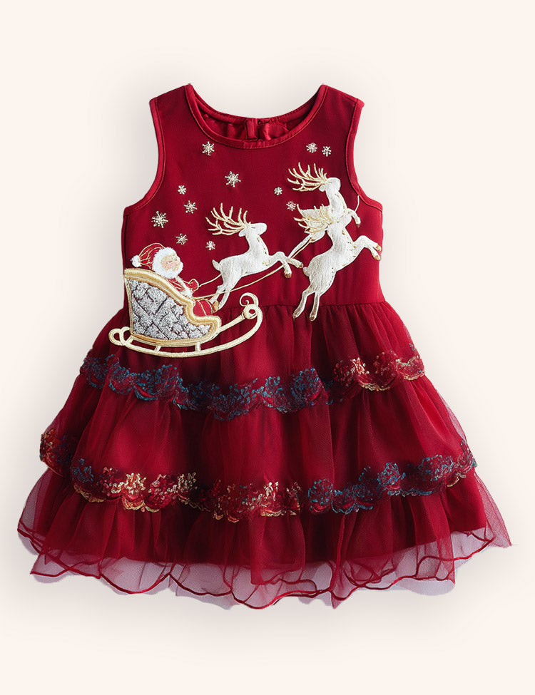 Tulle Christmas Santa & Reindeer Appliqué Dress