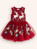 Tulle Festival Reindeer Embroidered Dress