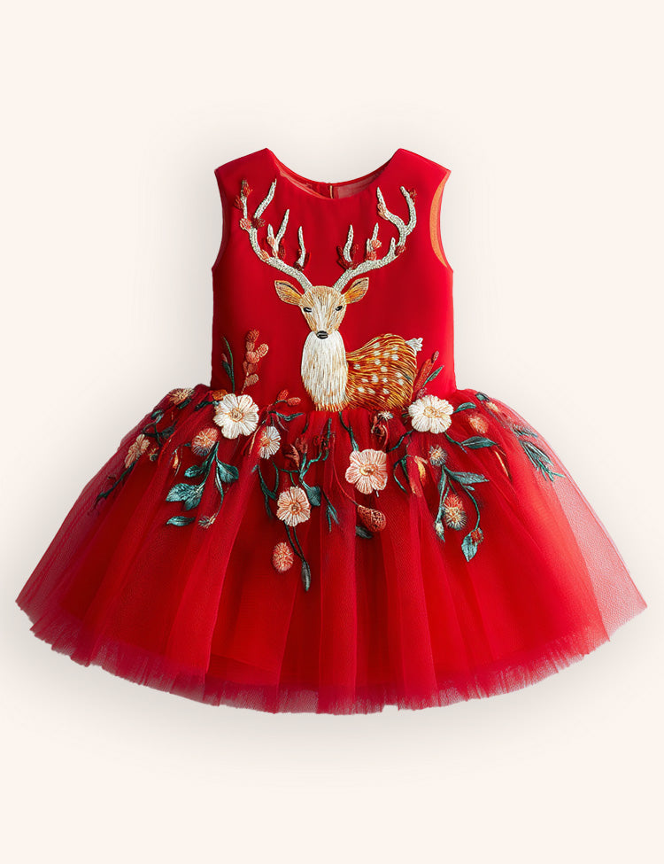 Tulle Floral Reindeer Embroidered Dress