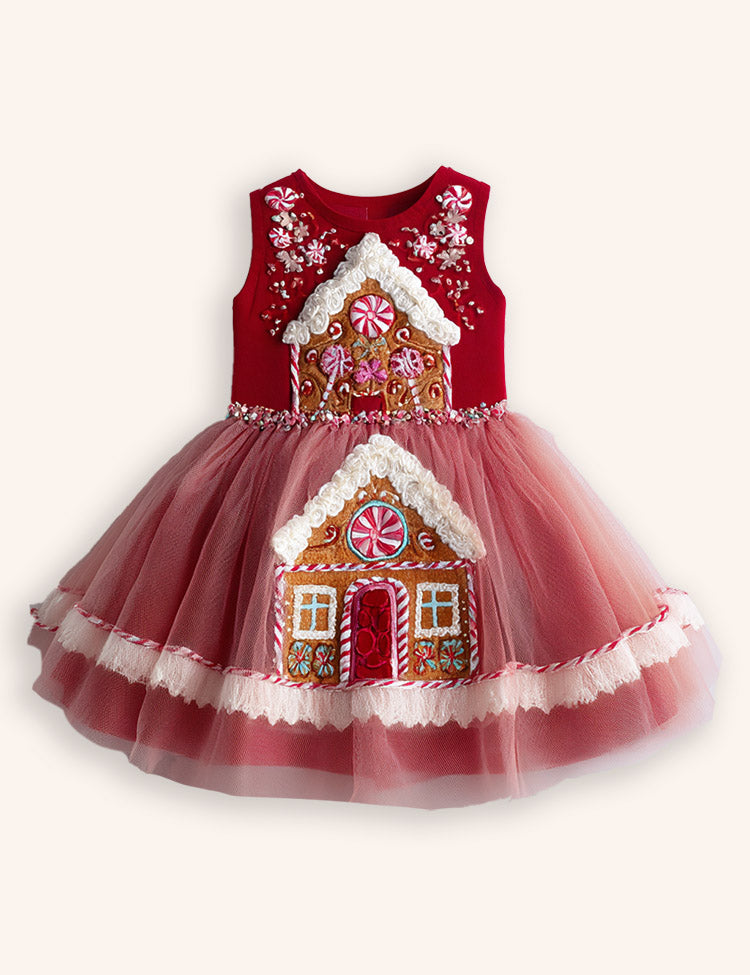 Tulle Christmas Gingerbread Appliqué Dress