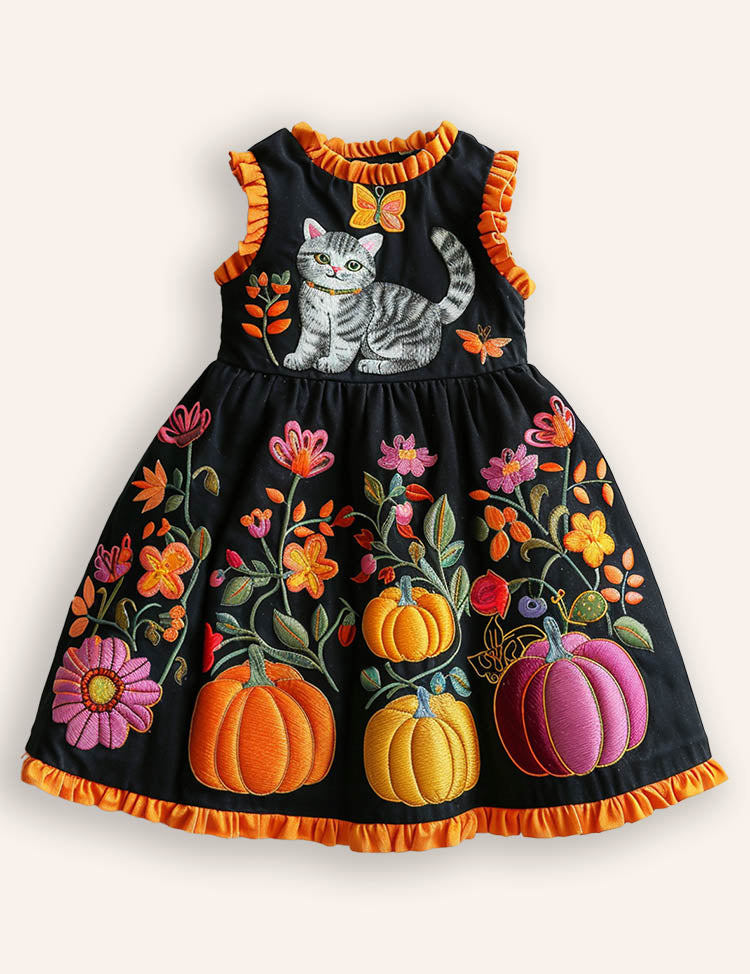 Halloween Pumpkin Cat Appliqué Dress