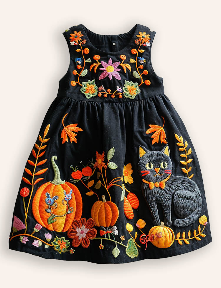 Halloween Pumpkin Cat Appliqué Dress