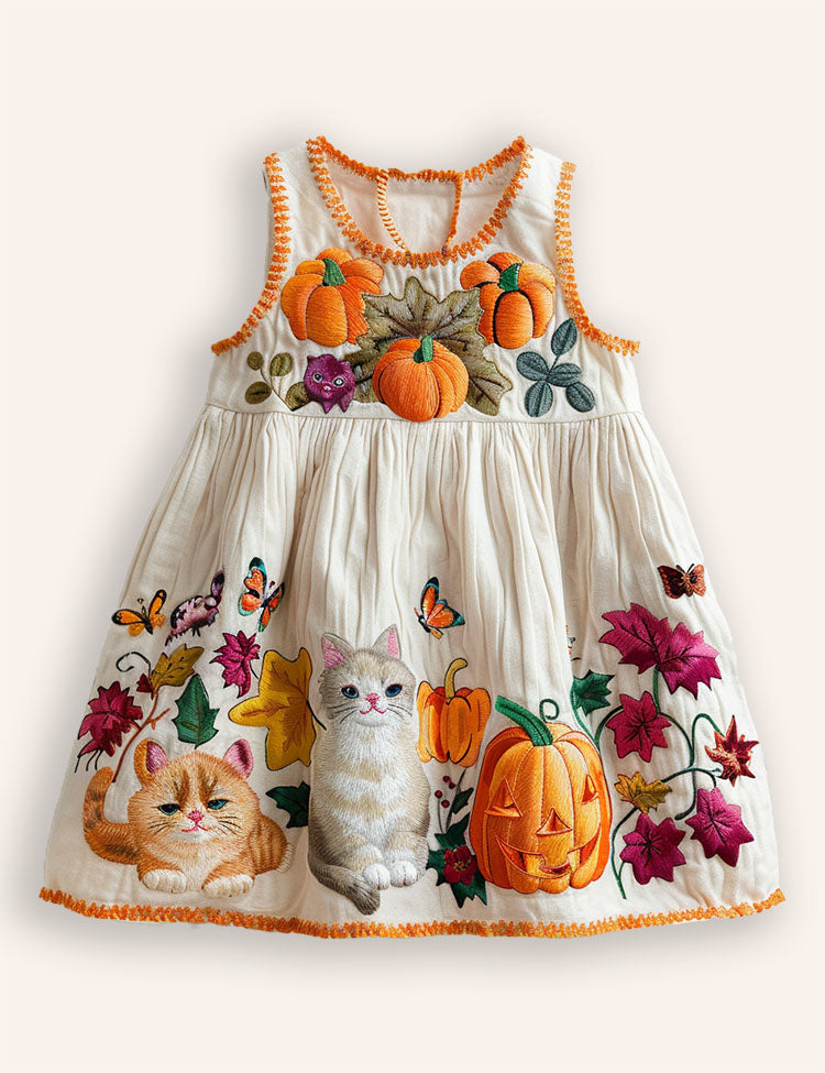 Halloween Pumpkin Cat Appliqué Dress