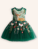 Tulle Floral Reindeer Embroidered Dress