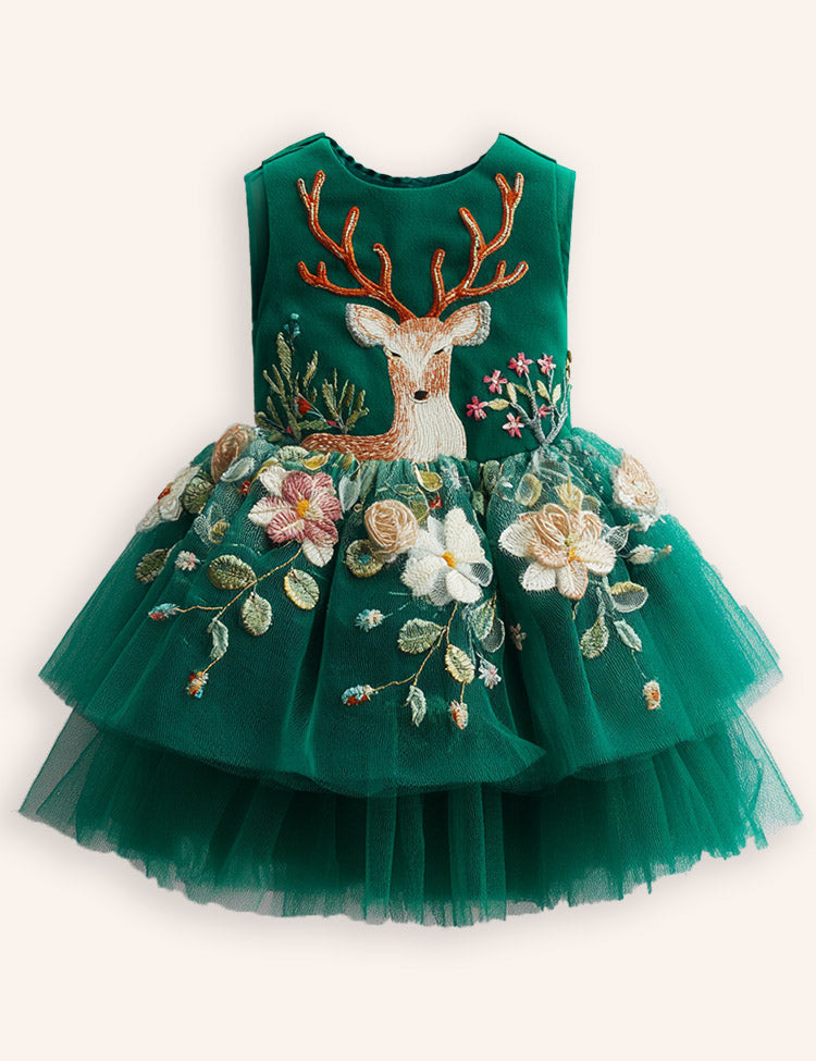 Tulle Floral Reindeer Embroidered Dress