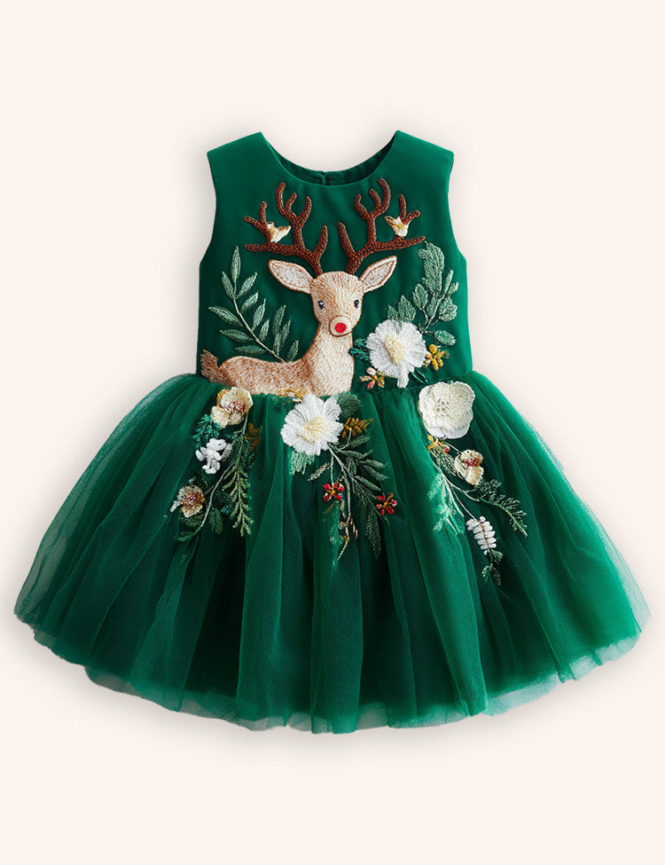 Tulle Floral Reindeer Embroidered Dress