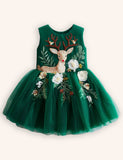 Tulle Floral Reindeer Embroidered Dress