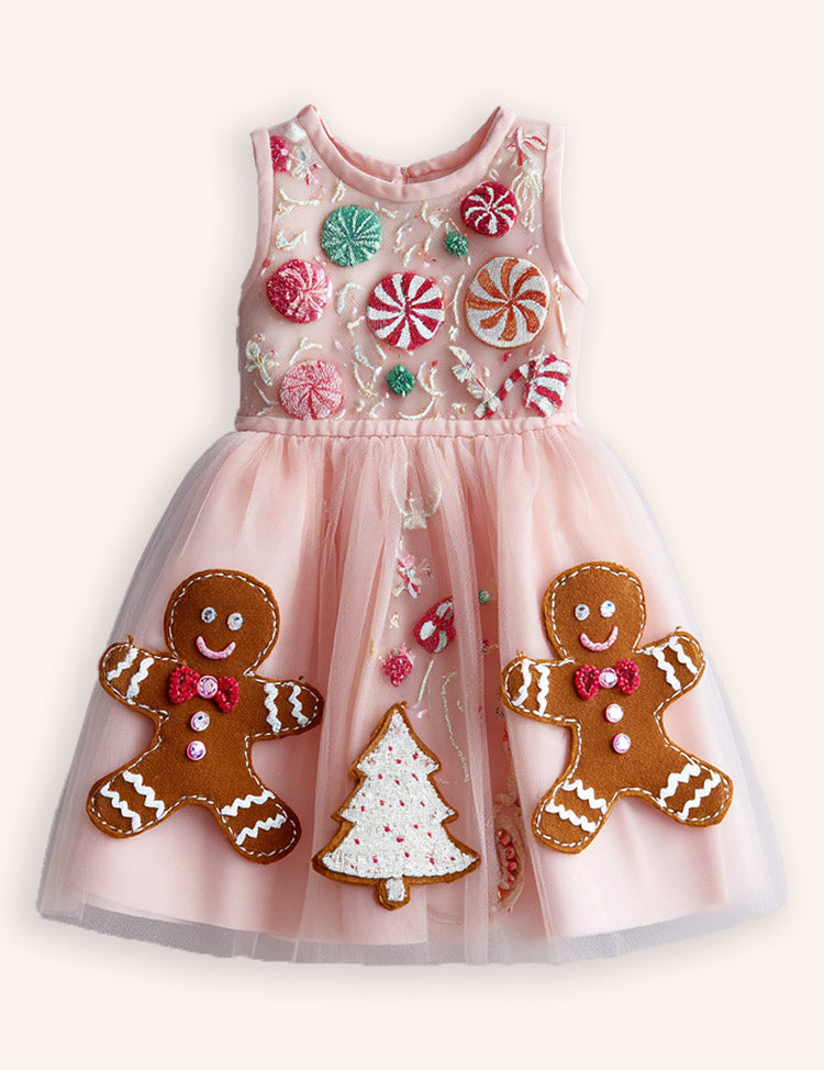 Tulle Christmas Gingerbread Appliqué Dress