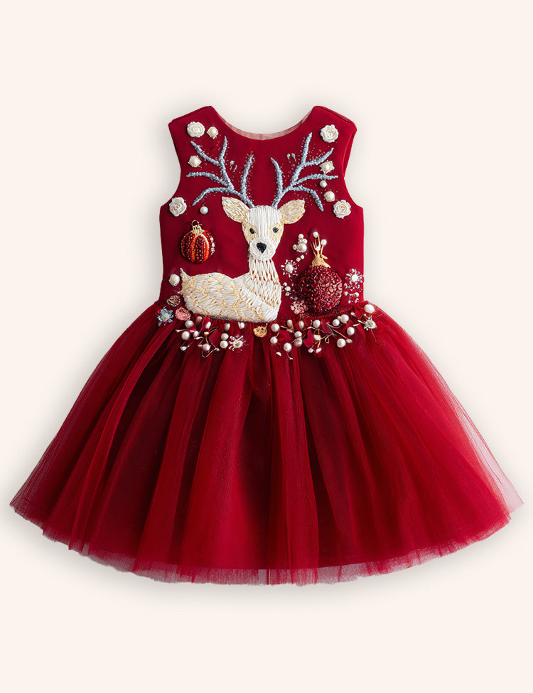 Tulle Floral Reindeer Embroidered Dress