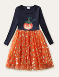 Pumpkin Printed Mesh Long Sleeve Dress